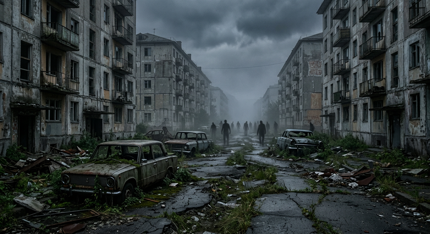 An abandoned coastal town with wrecked cars and infected in the fog